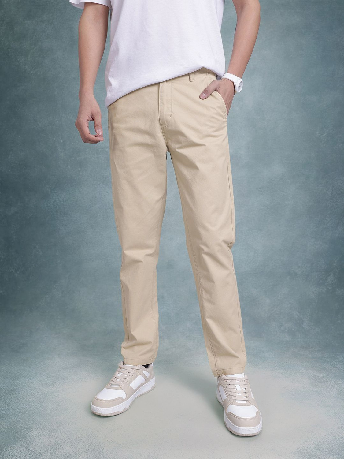 Image of Roadster Men Regular Fit Beige Cotton Blend Trousers