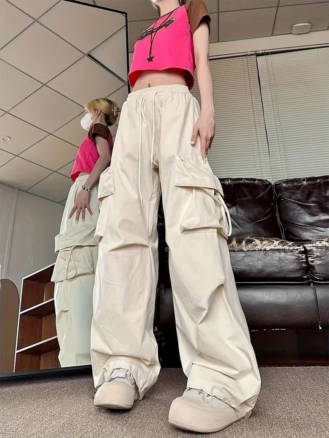 Image of HouseOfCommon Women Loose Fit Cream Polyester Trousers