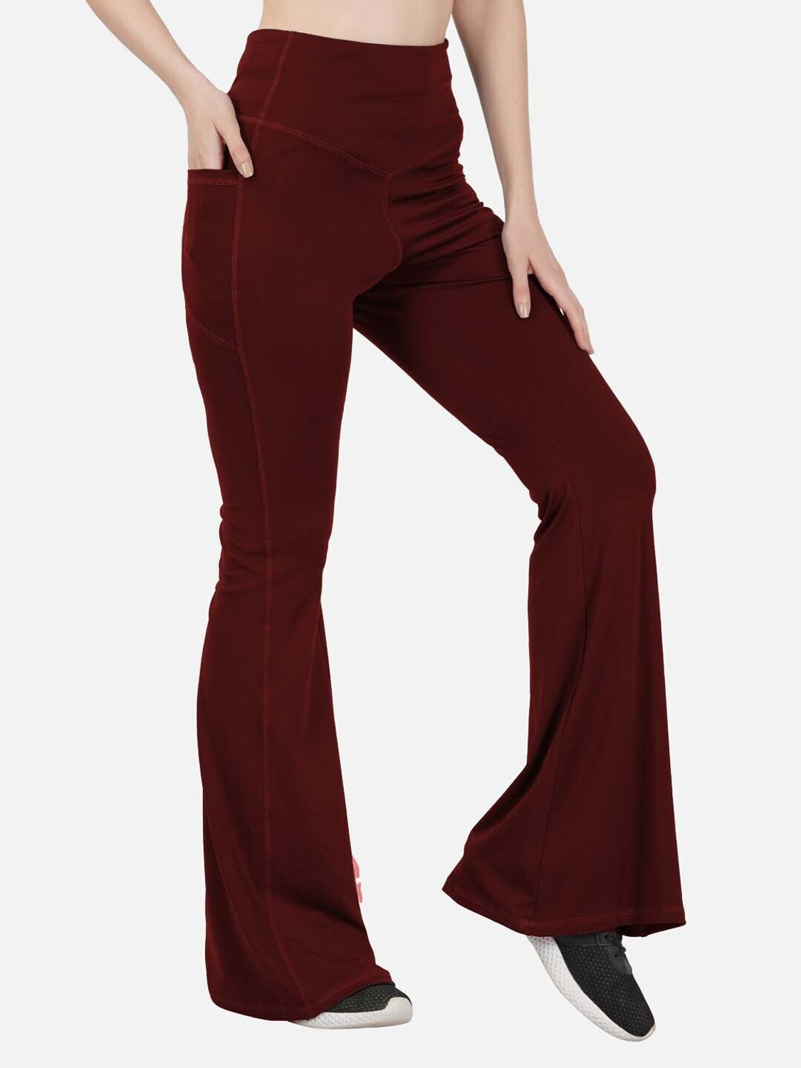 Image of IMPERATIVE by NEU LOOK Women Flared Maroon Lycra Blend Trousers
