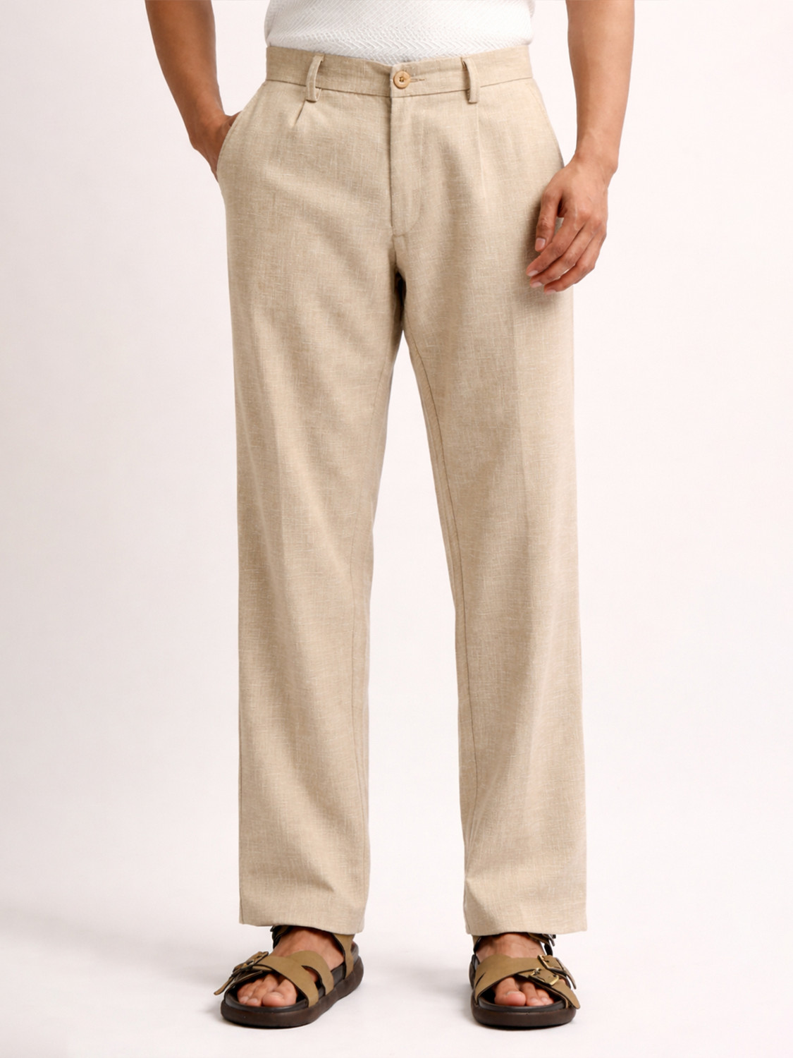MANIAC Men Beige Cotton Trousers - Image 1