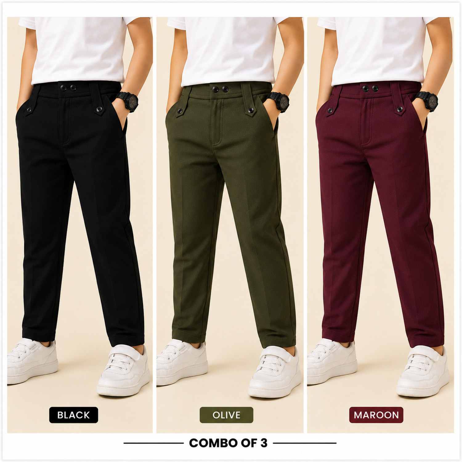 Image of boldcloth Pack of 3 Boys Slim Fit, Relaxed Grey Cotton Blend Trousers