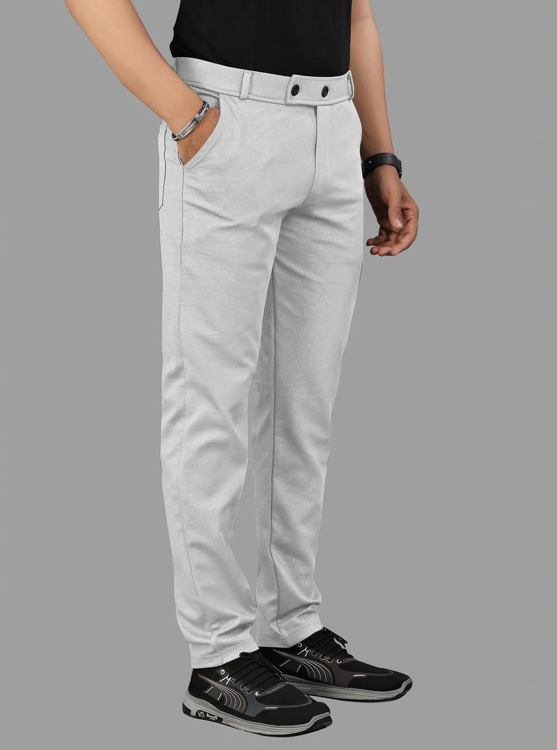 Image of COMBRAIDED Men Slim Fit Brown, White Lycra Blend Trousers