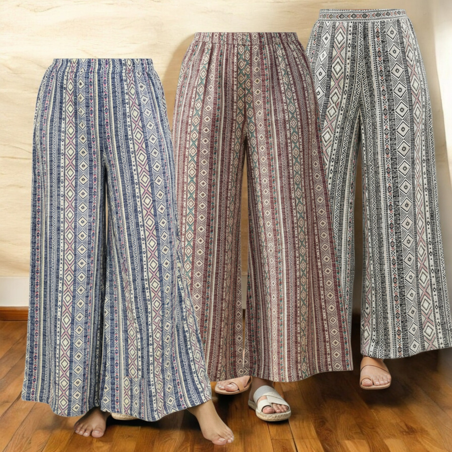 Image of SARA COLLECTION Pack of 3 Women Loose Fit Multicolor Lycra Blend Trousers
