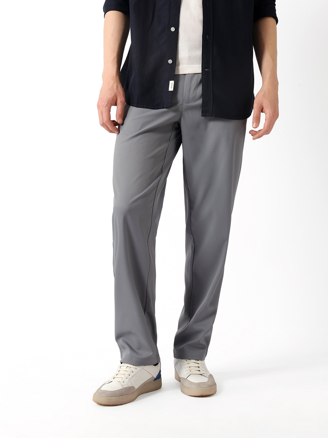 Image of THE BEAR HOUSE Men Slim Fit Grey Polyester Trousers