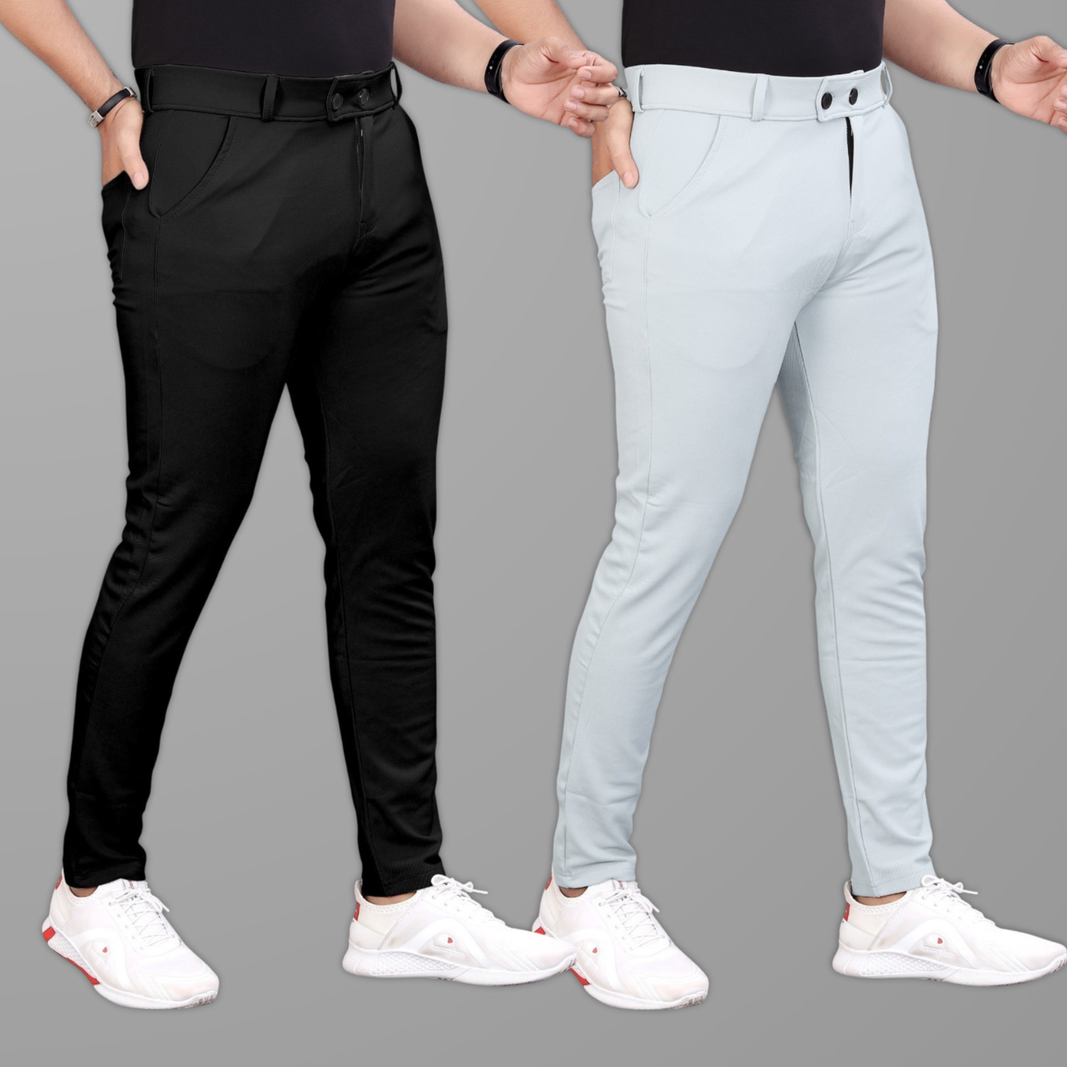 Image of GIBBONTE Pack of 2 Men Slim Fit Blue, White Lycra Blend Trousers