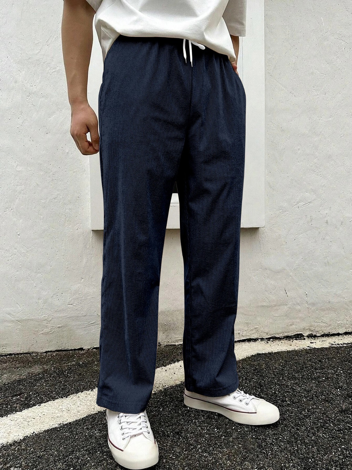Image of COMBRAIDED Men Loose Fit Blue Corduroy Trousers