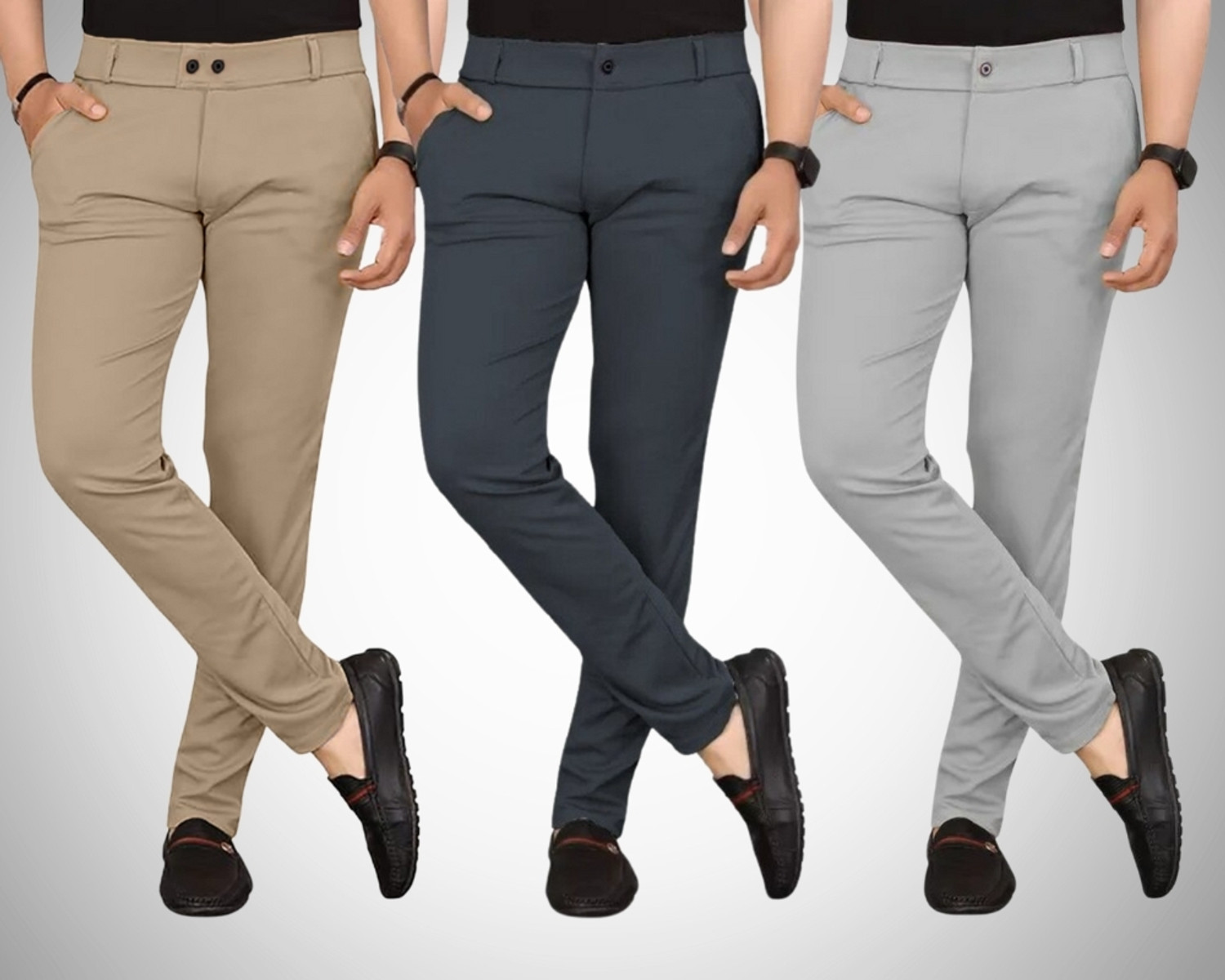 Image of boldcloth Pack of 3 Boys Slim Fit, Relaxed Grey Cotton Blend Trousers