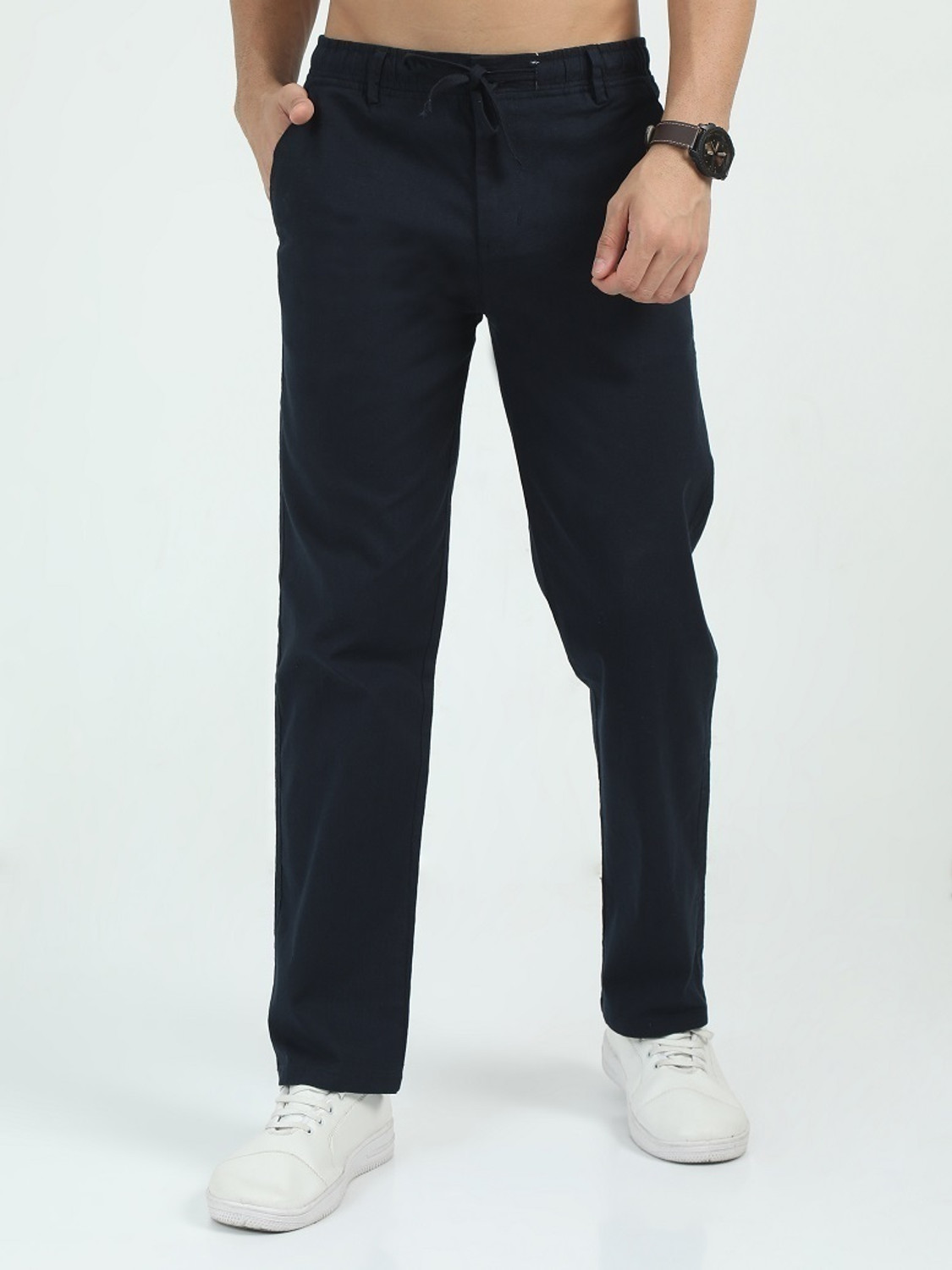 Image of Bellaciao Clothings Co Men Relaxed Dark Blue Linen Blend Trousers