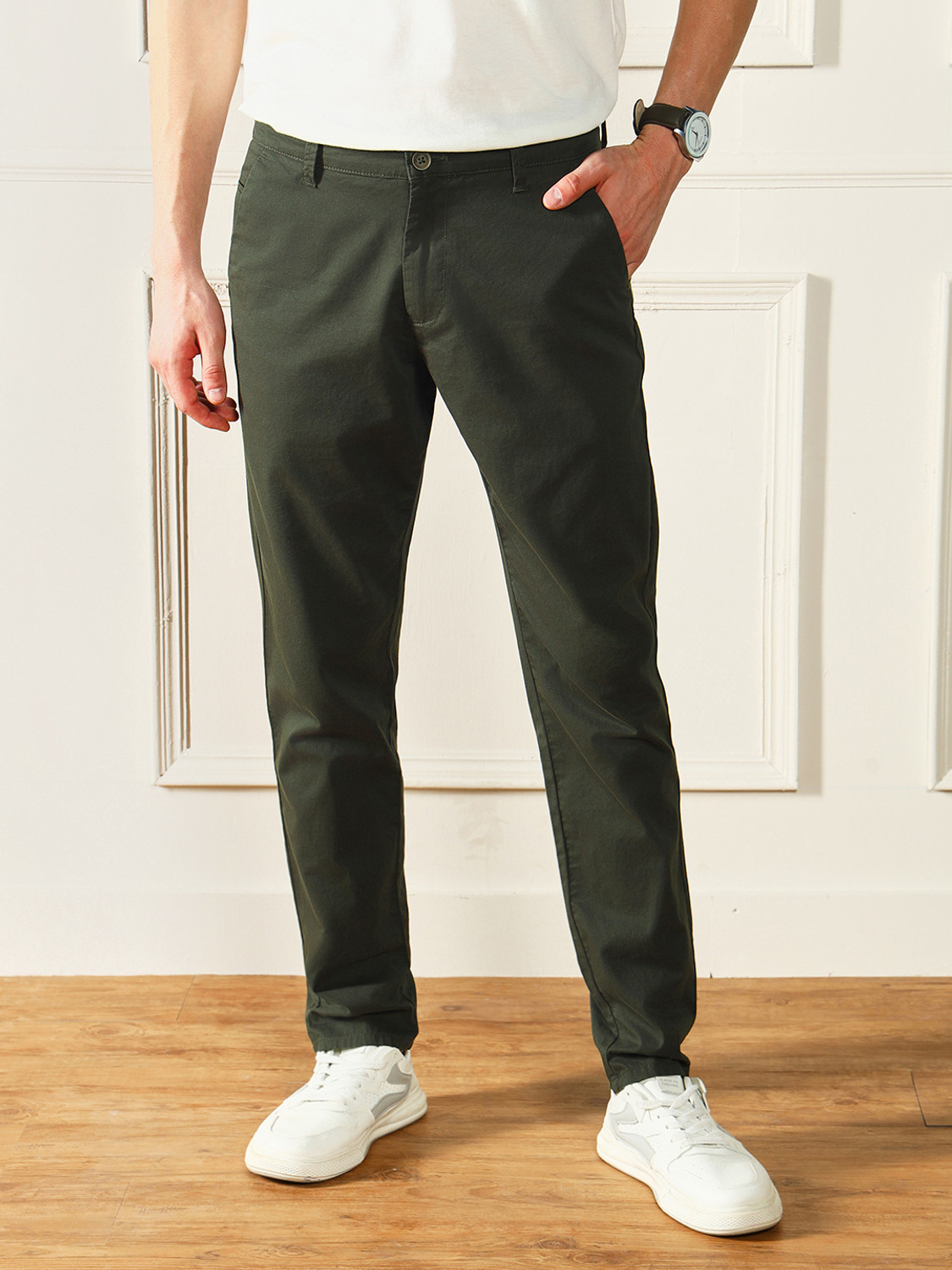 Image of Dennis Lingo Men Slim Fit Light Green Pure Cotton Trousers