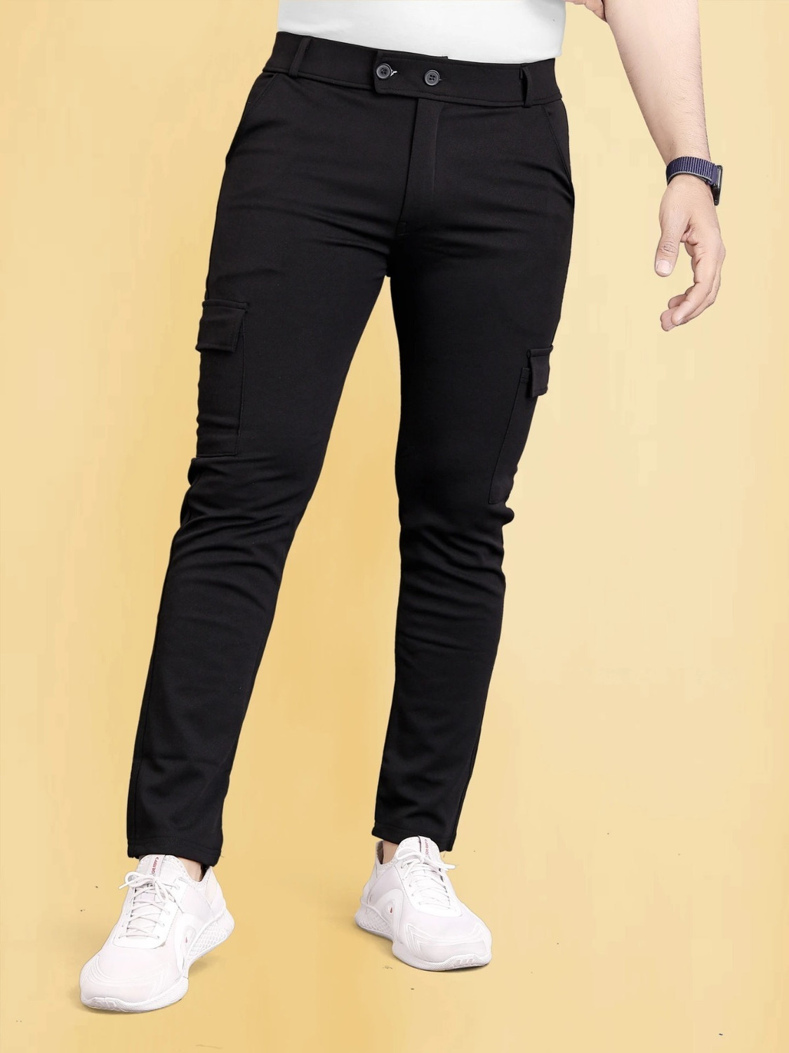 Image of COMBRAIDED Men Regular Fit Black Lycra Blend Trousers