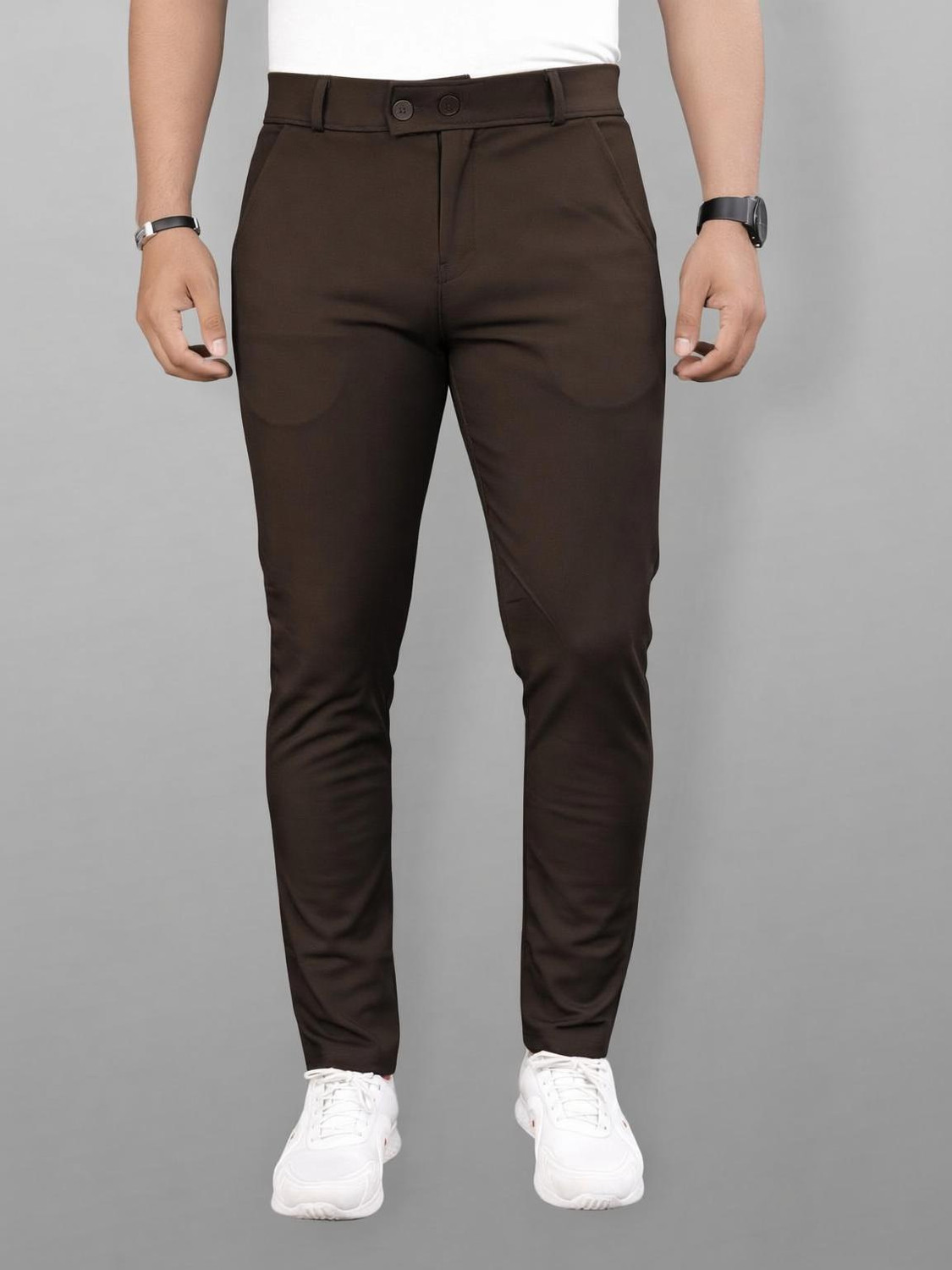 Image of COMBRAIDED Men Slim Fit Brown, White Lycra Blend Trousers