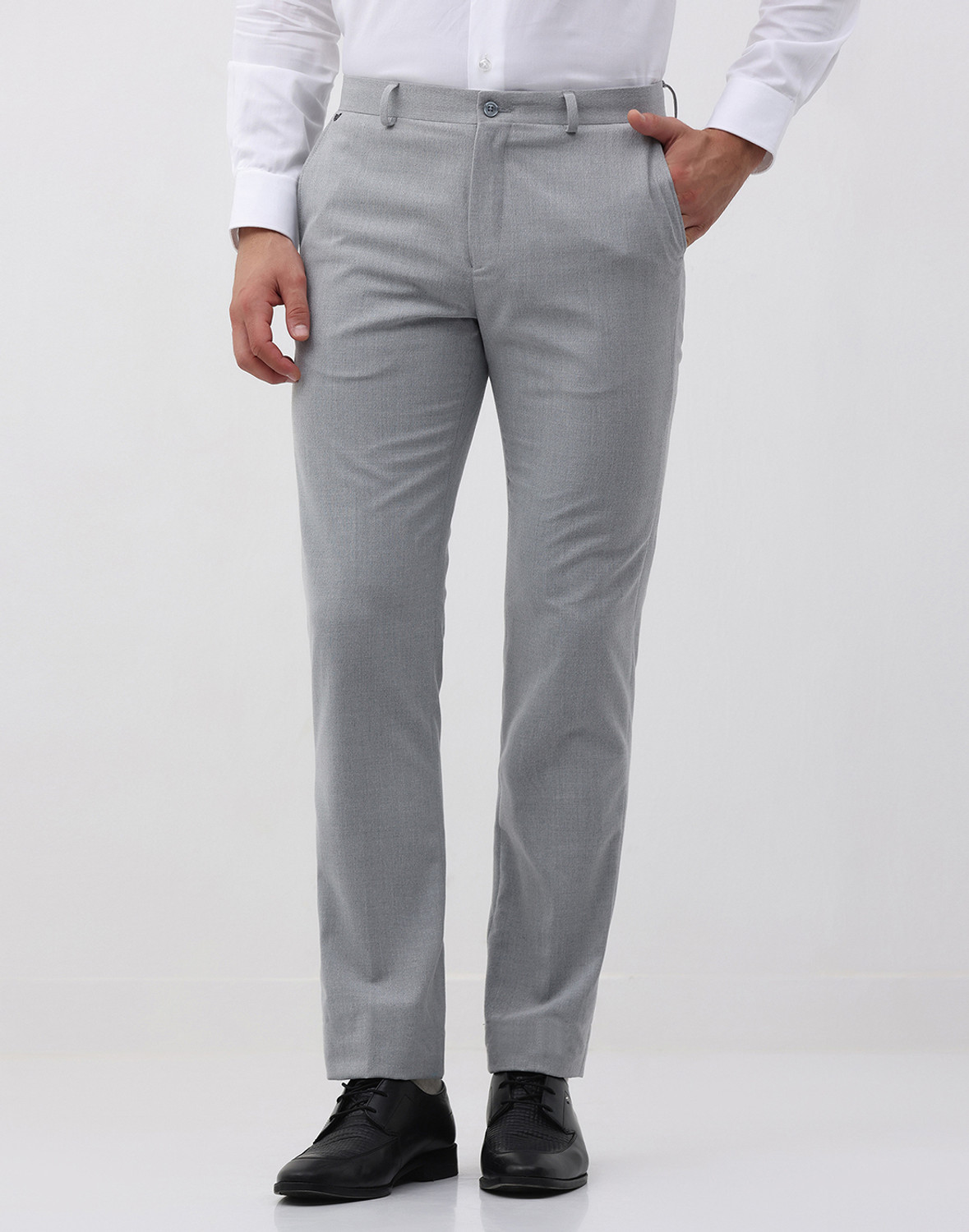 Image of LOUIS PHILIPPE Men Slim Fit Grey Viscose Rayon Trousers