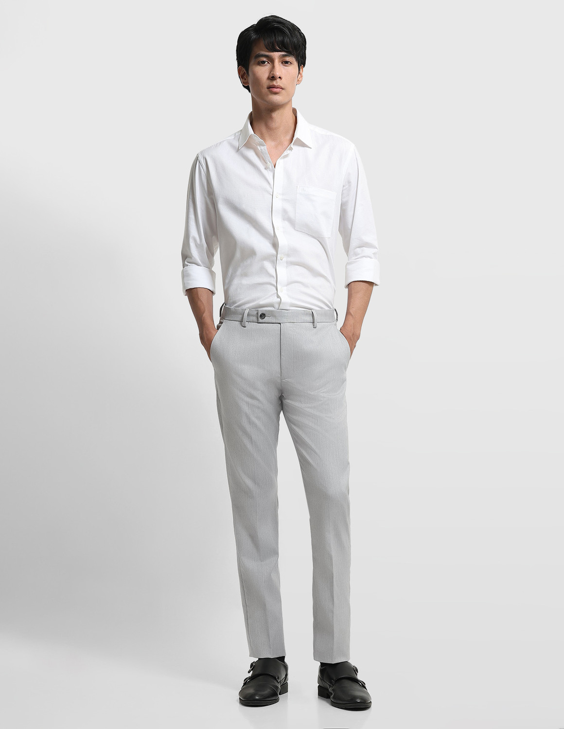 Image of Arrow Newyork Men Slim Fit Grey Polyester Trousers