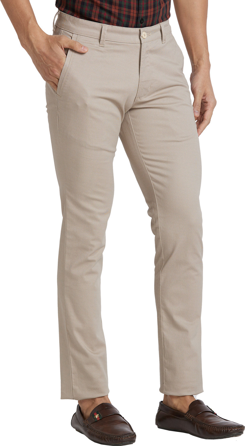 Image of PARX Men Slim Fit Beige Cotton Blend Trousers