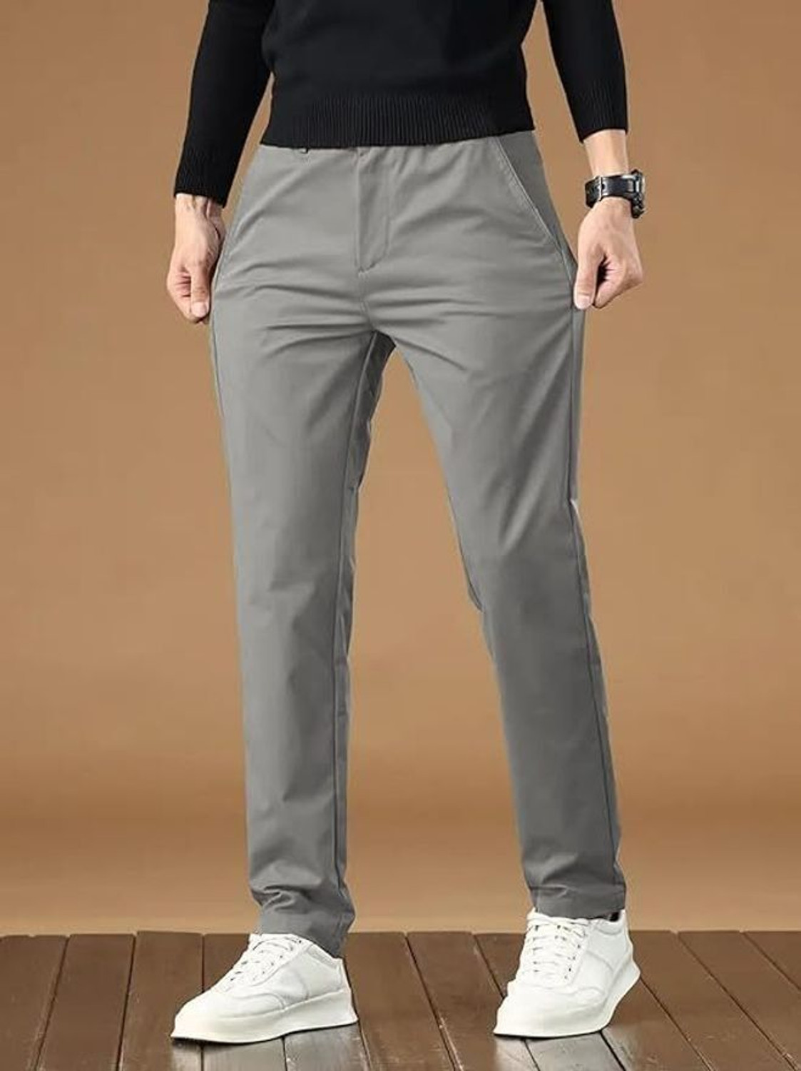 Image of PROVOGUE Men Slim Fit Grey Pure Cotton Trousers