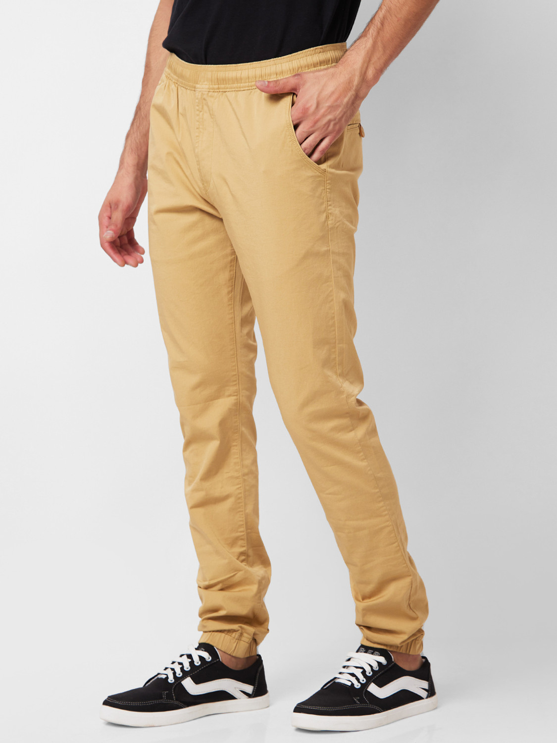 Image of Spykar Men Khaki Lycra Blend Trousers