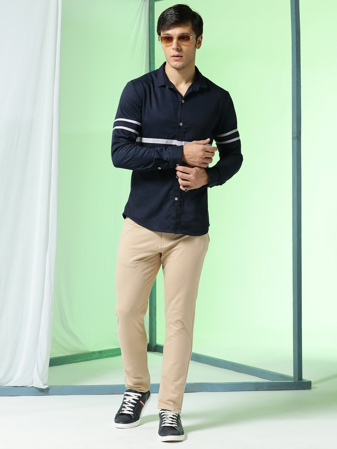 Image of Markle Moro Men Slim Fit Beige Cotton Blend Trousers