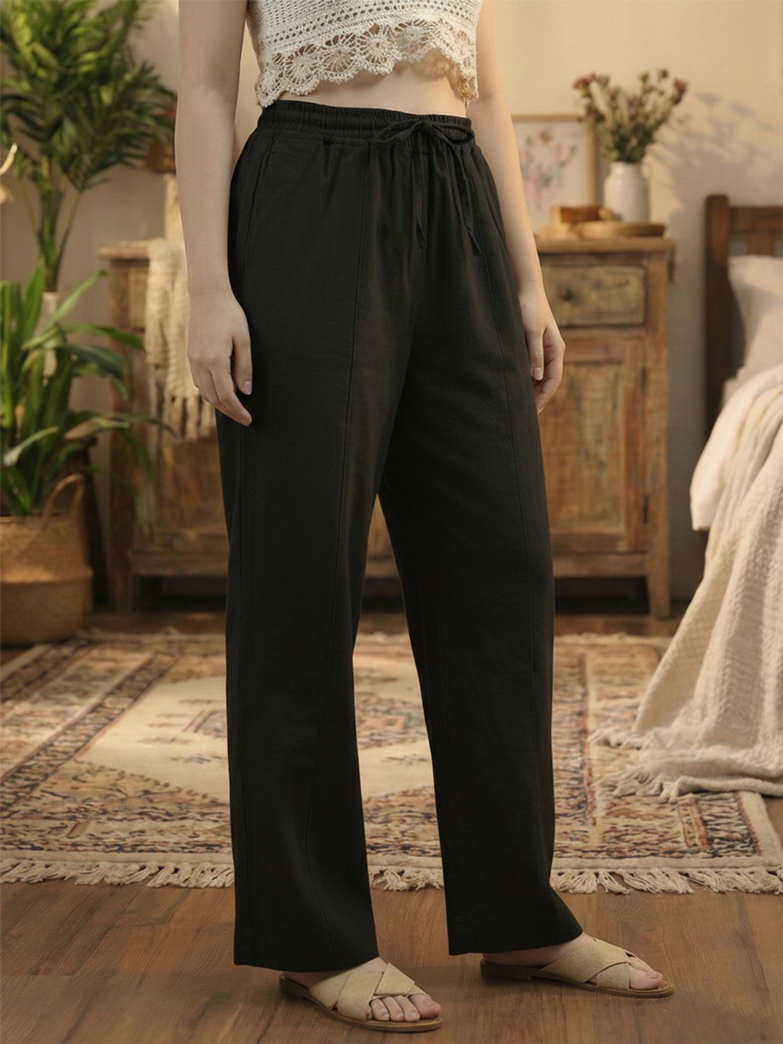 Image of RichWear Women Relaxed, Comfort Fit Cream Linen Blend Trousers