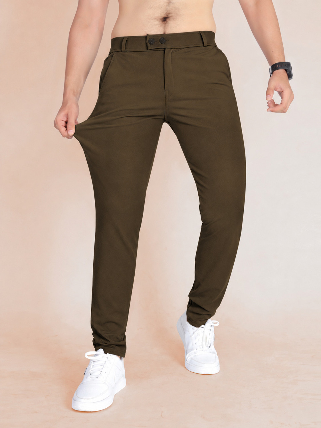 Image of COMBRAIDED Men Regular Fit Black Lycra Blend Trousers