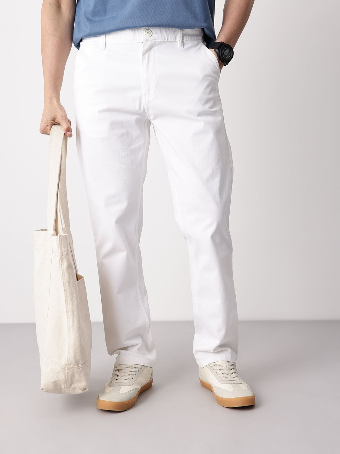 Image of Mast & Harbour Men Regular Fit White Cotton Blend Trousers