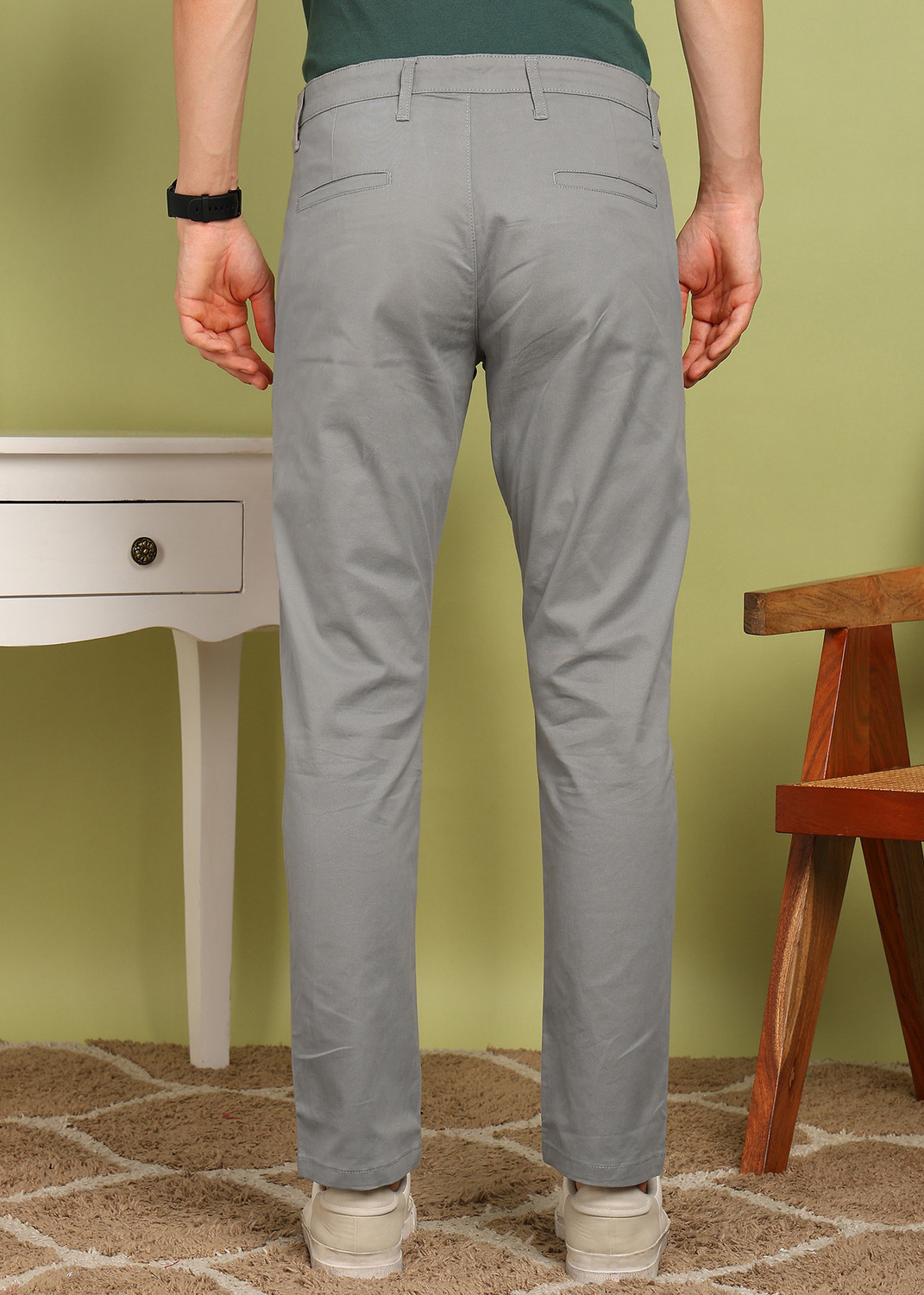 Image of PROVOGUE Men Slim Fit Grey Pure Cotton Trousers
