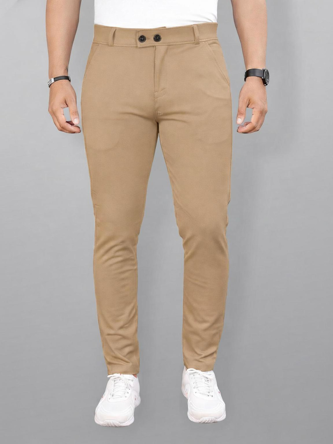 Image of COMBRAIDED Men Slim Fit Brown, White Lycra Blend Trousers