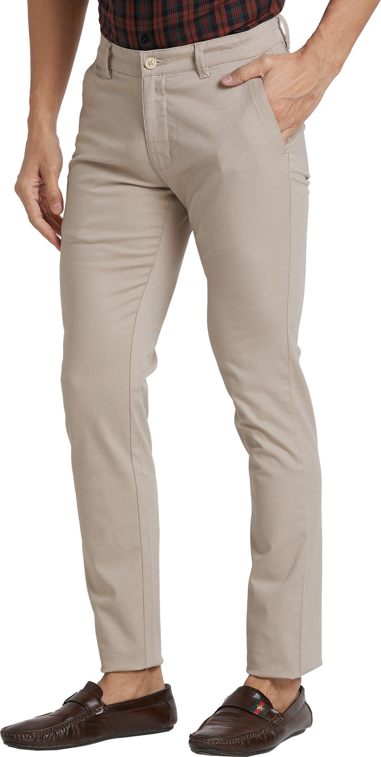 Image of PARX Men Slim Fit Beige Cotton Blend Trousers