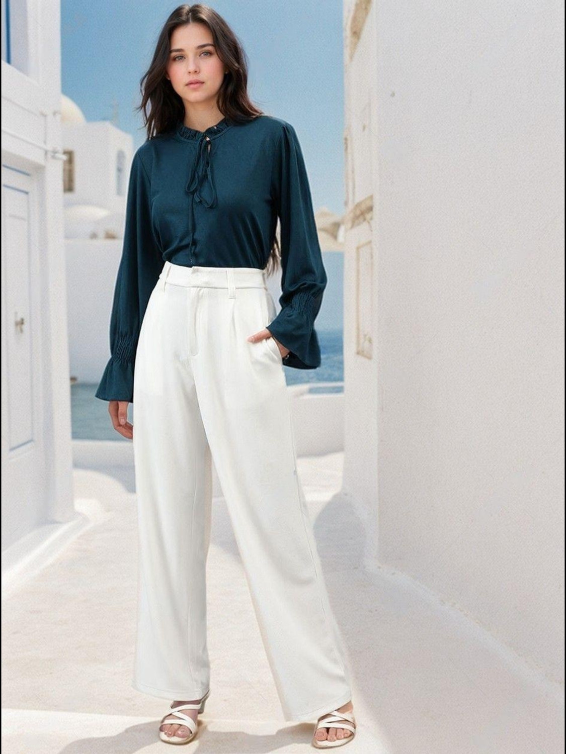 Image of RichWear Women Relaxed, Comfort Fit Cream Linen Blend Trousers