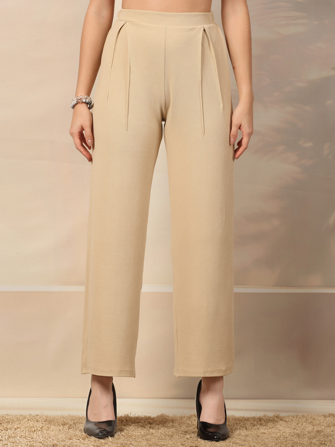 Image of KOTTY Women Straight Fit Beige Viscose Rayon Trousers