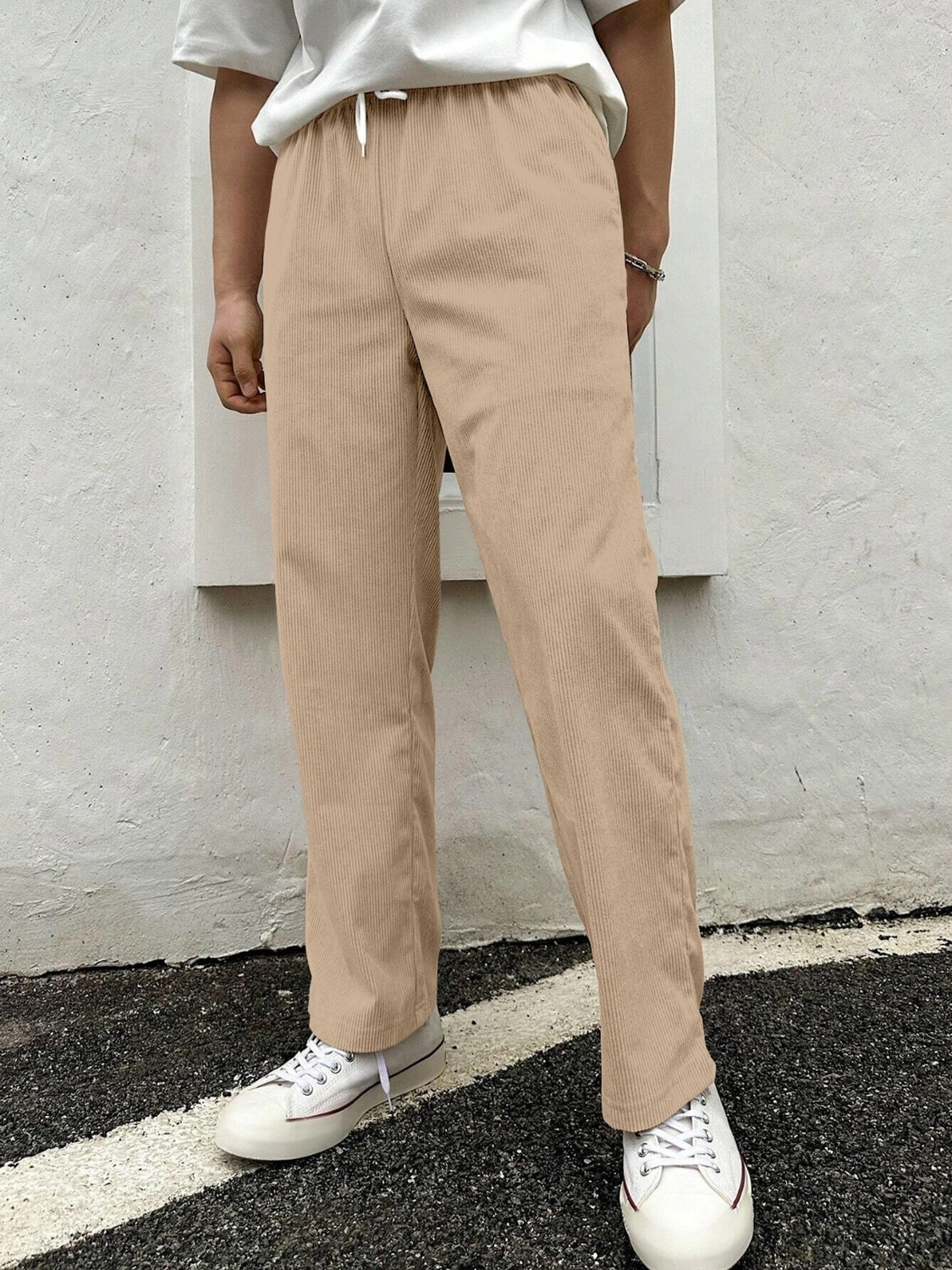 Image of COMBRAIDED Men Loose Fit Beige Corduroy Trousers