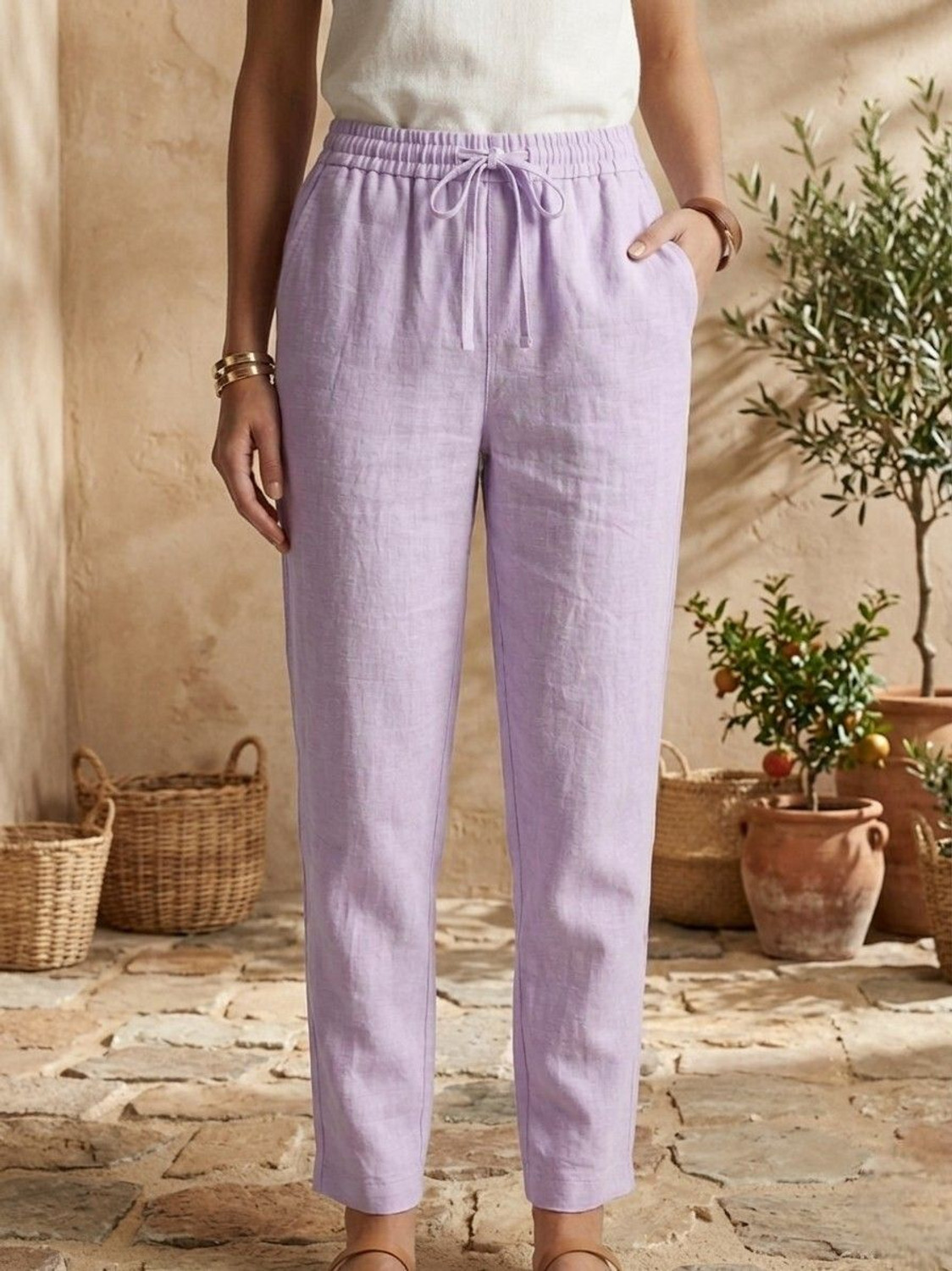Image of RANGREELA Women Slim Fit Purple Cotton Blend Trousers