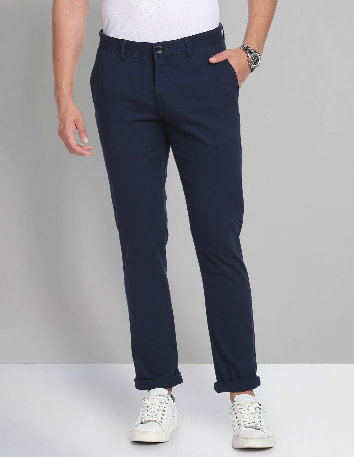 Image of THOMAS SCOTT Men Regular Fit Blue Cotton Blend Trousers