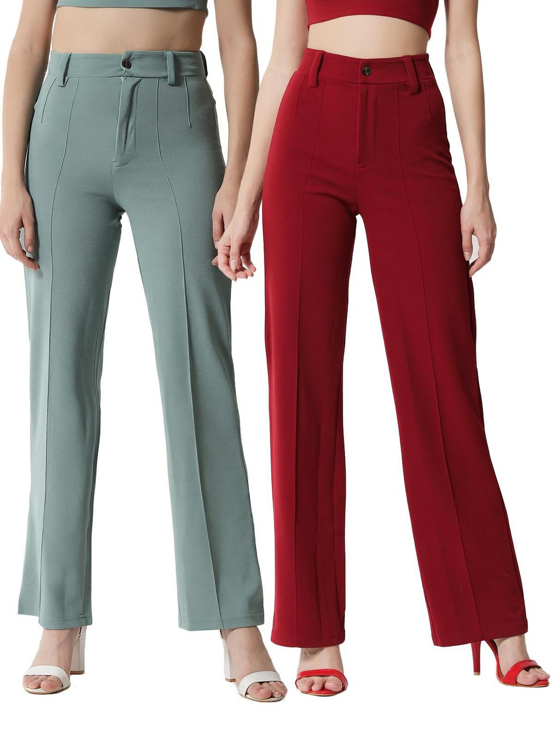 Image of Kanishk Women Regular Fit Maroon, White Cotton Blend Trousers