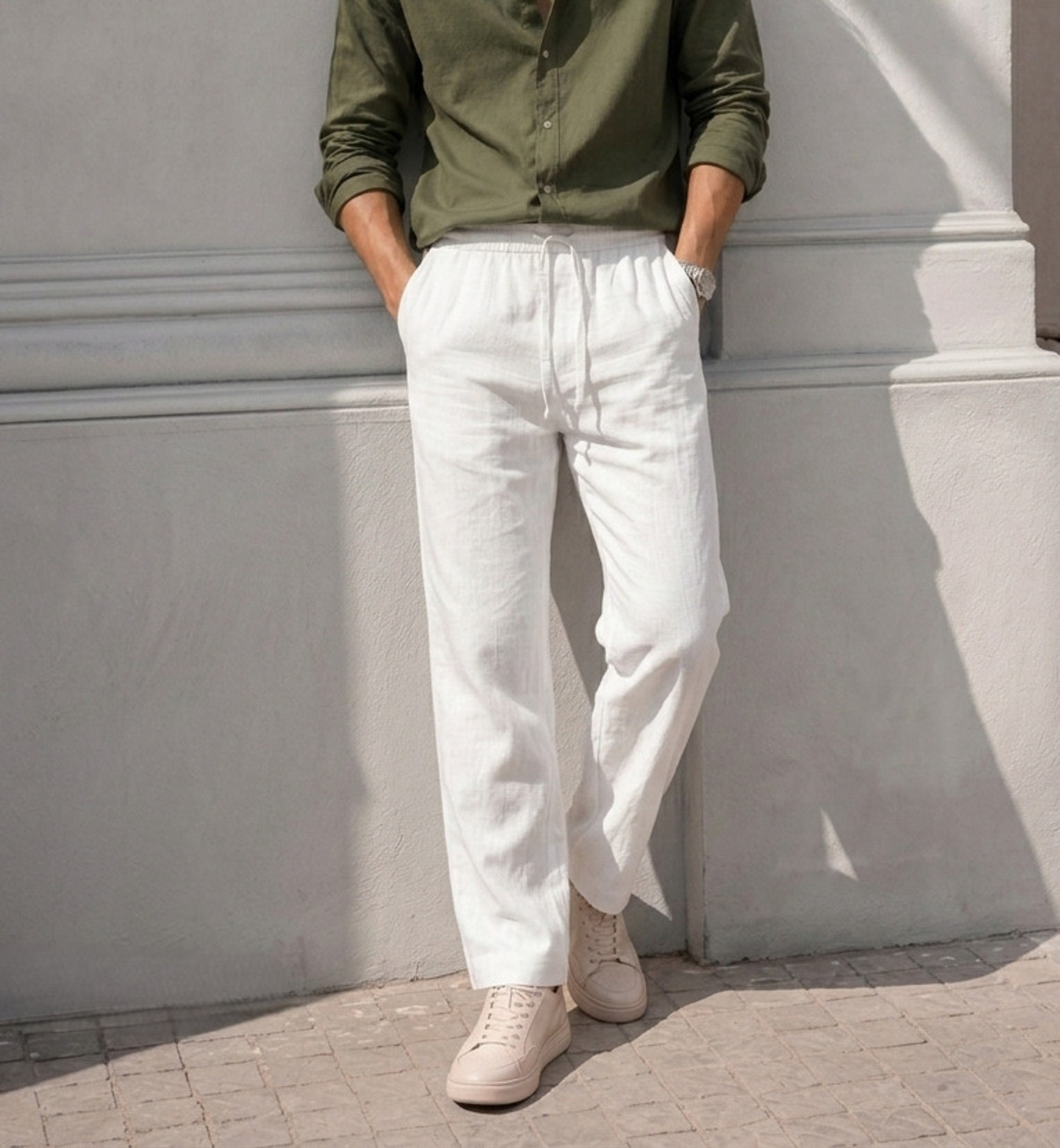 FRAUS Men Straight Fit, Regular Fit White Linen Blend Trousers - Image 1