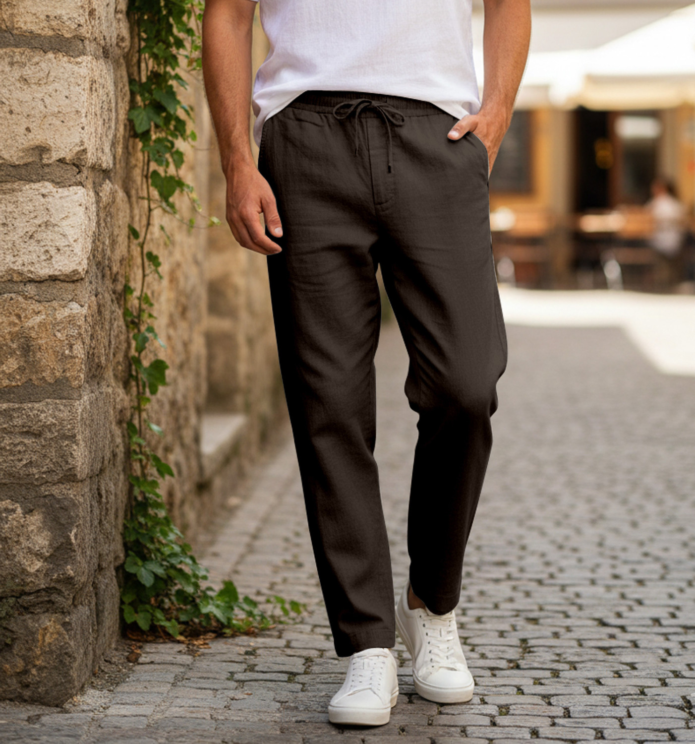 Image of FLIIP TRADING Men Relaxed Brown Linen Blend Trousers