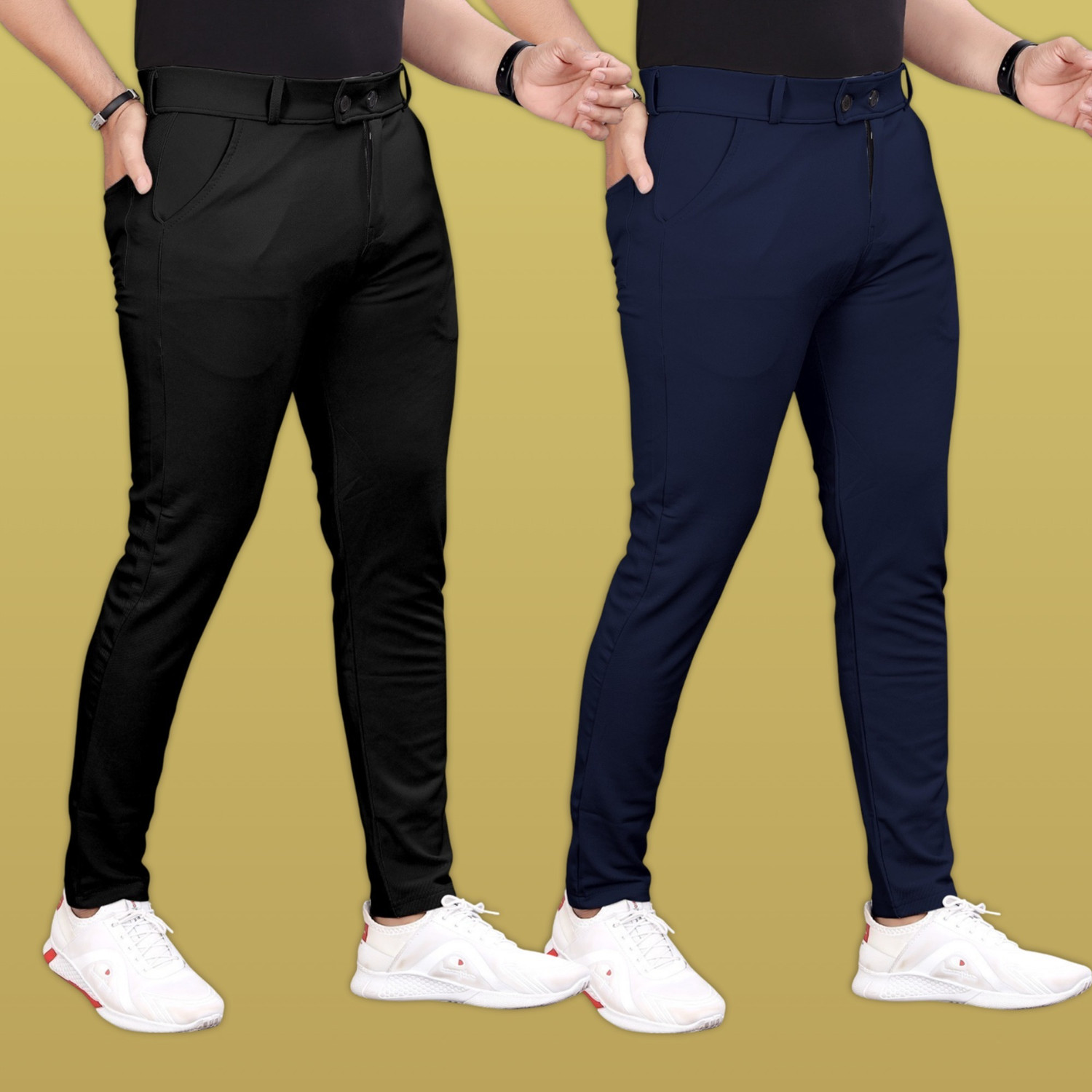 Image of Roadster Men Regular Fit Beige Cotton Blend Trousers
