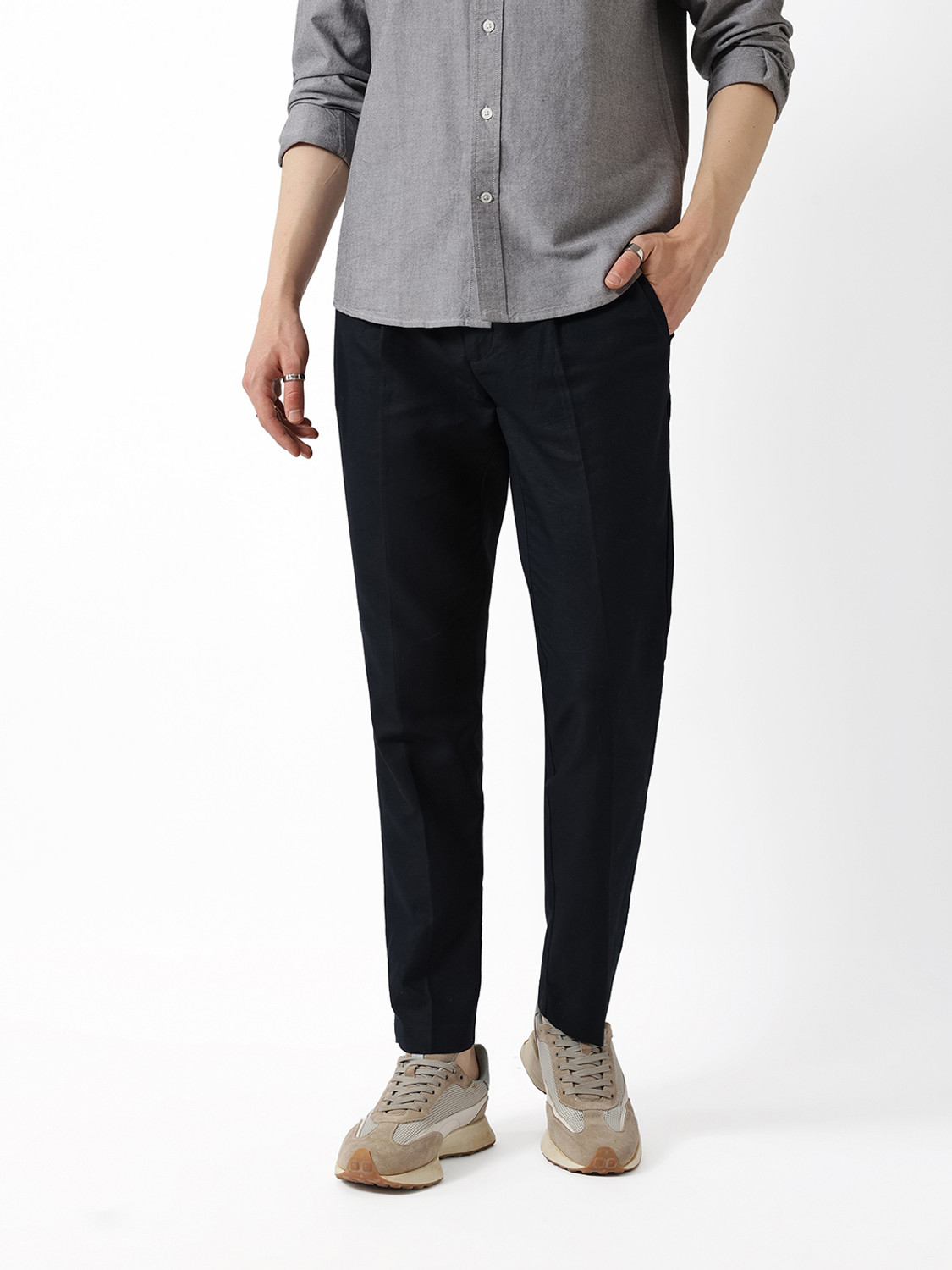 Image of THE BEAR HOUSE Men Slim Fit Grey Polyester Trousers