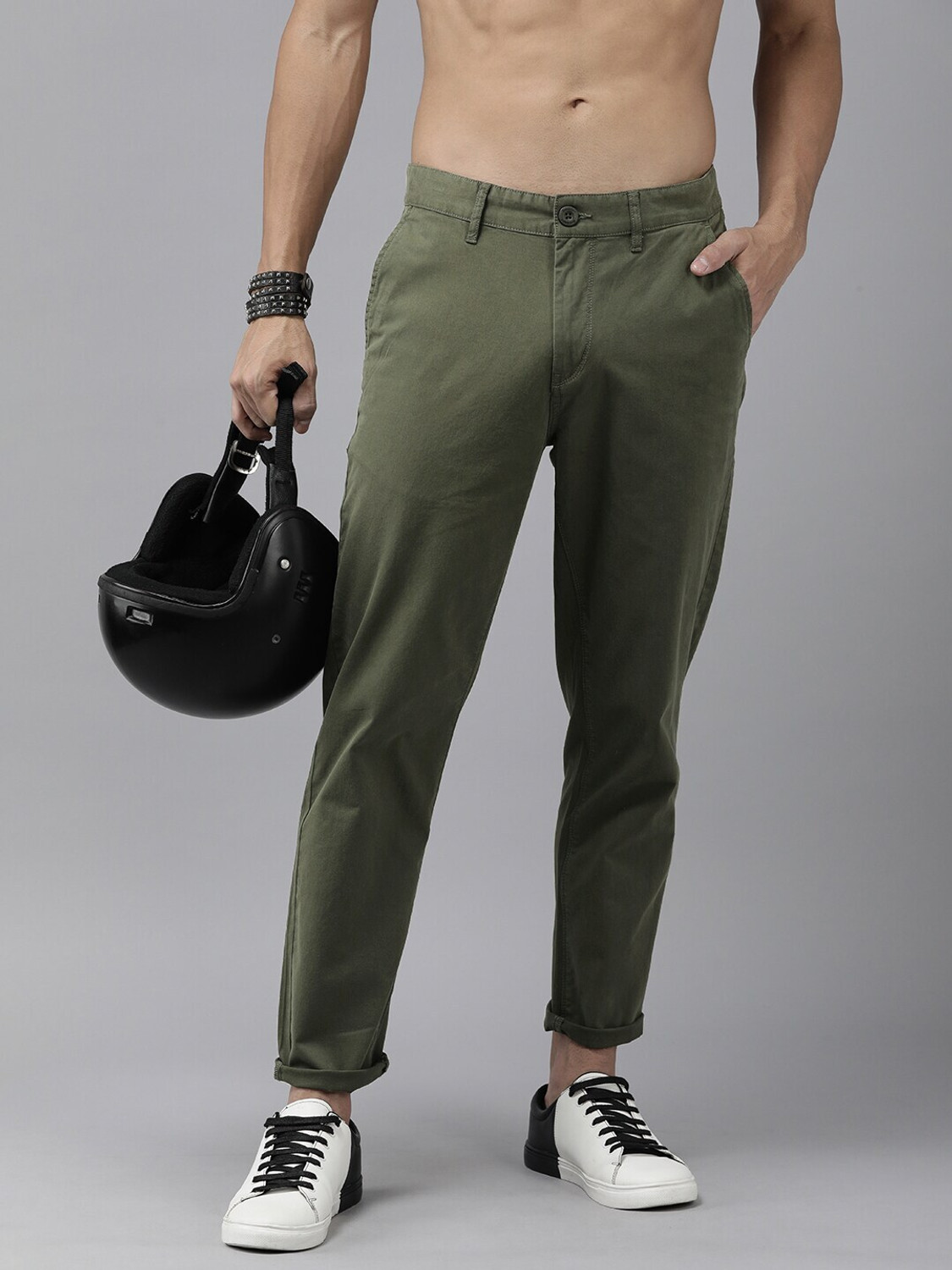 Image of Markle Moro Men Slim Fit Beige Cotton Blend Trousers