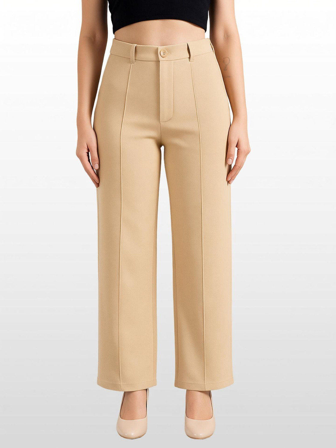 Image of KOTTY Women Straight Fit Beige Viscose Rayon Trousers