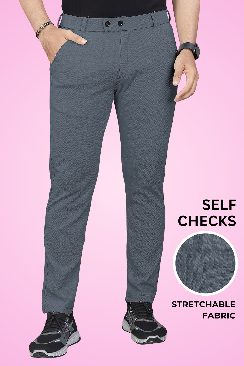 Image of lapataclub Men Relaxed Grey Lycra Blend Trousers