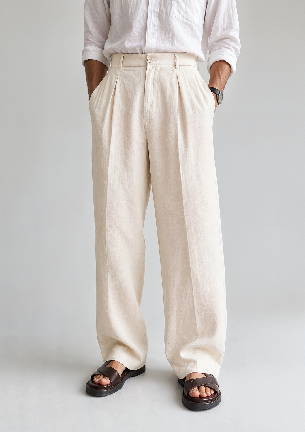 cozy cove Men Regular Fit Beige Linen Blend Trousers - Image 1