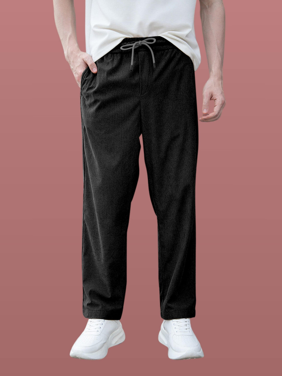 Image of COMBRAIDED Men Loose Fit Black Lycra Blend Trousers