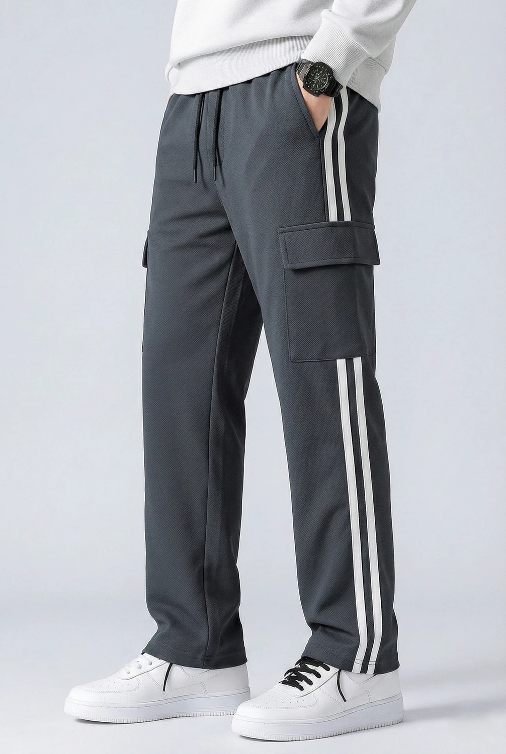 Image of COMBRAIDED Men Loose Fit Brown Lycra Blend Trousers