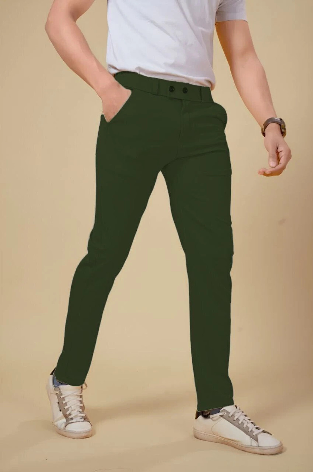 Image of Marmic Fab Men Comfort Fit Green Lycra Blend Trousers