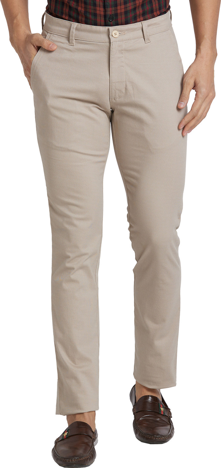 Image of PARX Men Slim Fit Beige Cotton Blend Trousers