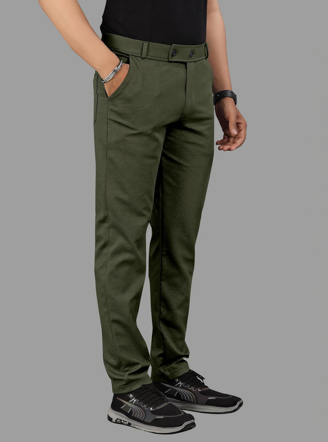 Image of Marmic Fab Men Comfort Fit Green Lycra Blend Trousers