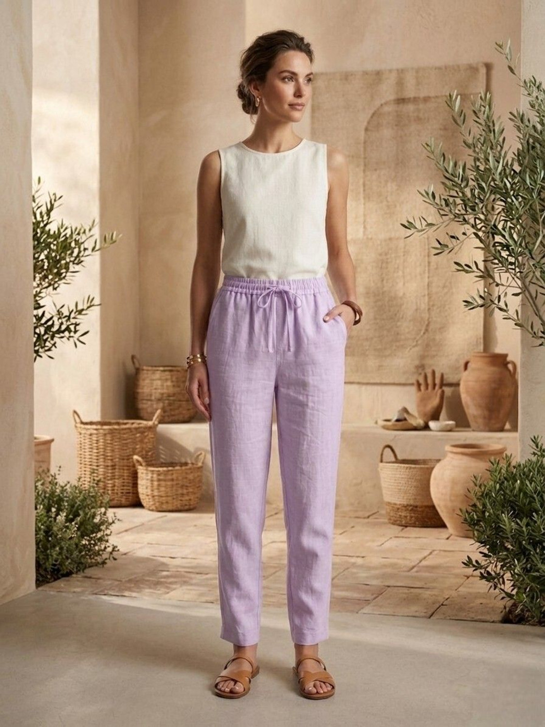 Image of RANGREELA Women Slim Fit Purple Cotton Blend Trousers