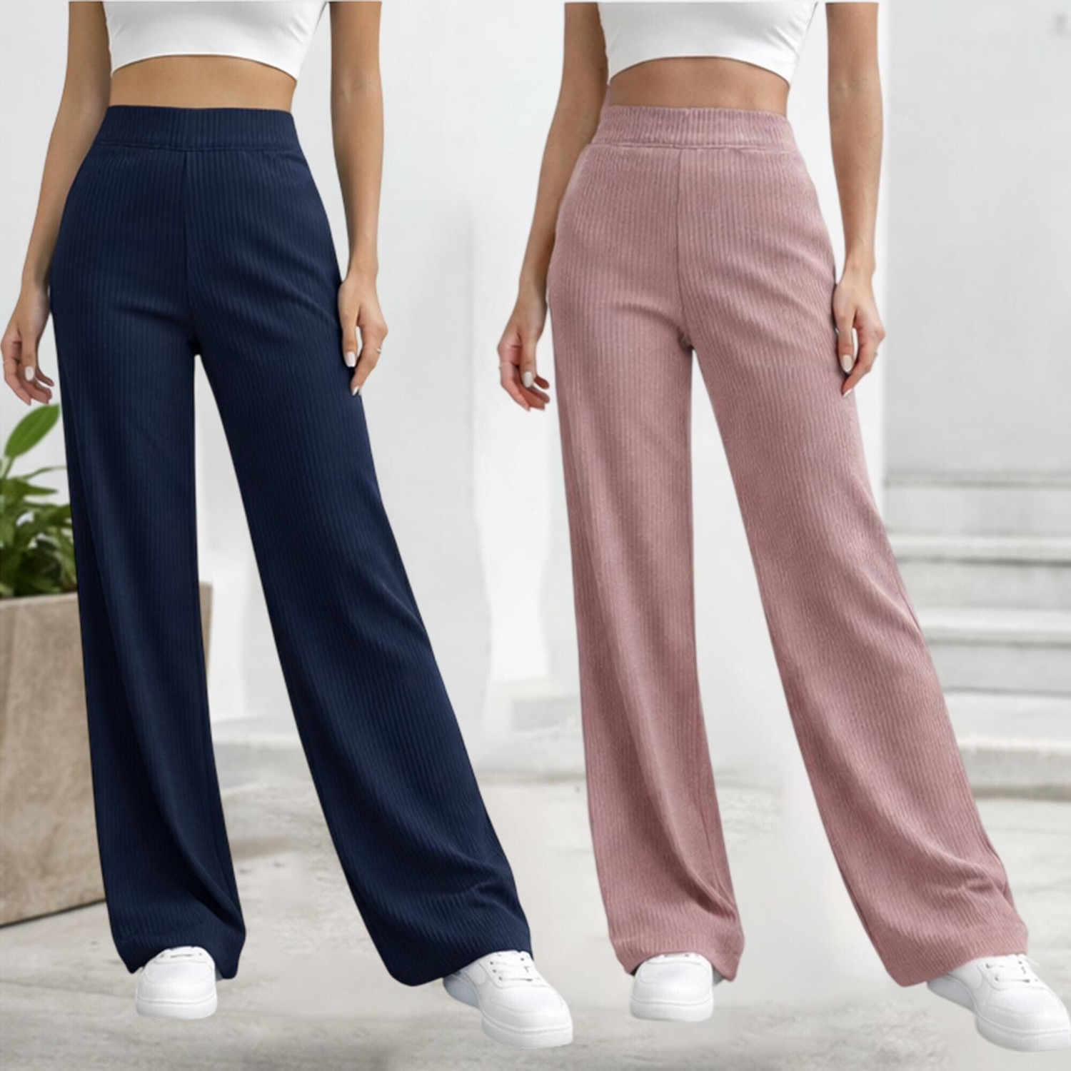 Image of Roadster Pack of 2 Women Relaxed Multicolor Cotton Blend Trousers