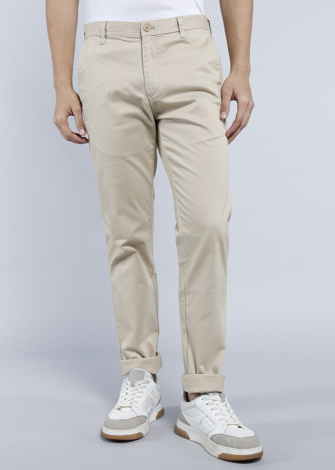 Image of PROVOGUE Men Slim Fit Grey Pure Cotton Trousers