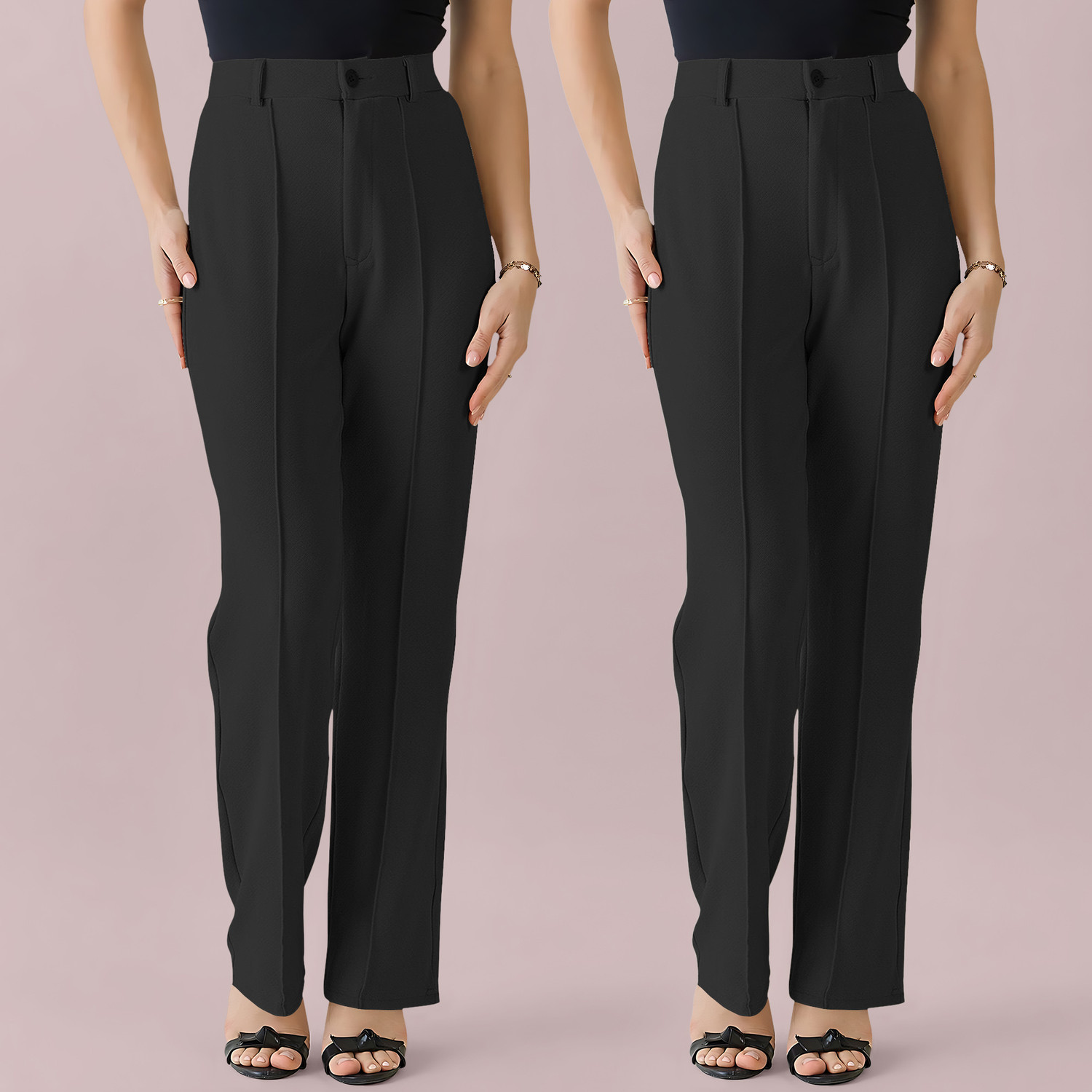 Image of SWADESI STUFF Women Straight Fit Black Cotton Blend Trousers